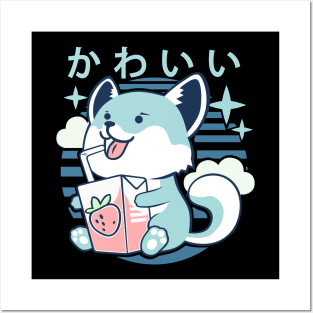 Kawaii Aesthetics Japanese Strawberry Milk Shake かわいい Fox - Blue - Strawberry Milk Posters and Art